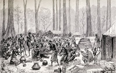 Scout che distribuiscono latte e burro per il brodo ai pigmei affamati, 1890 (incisione su legno) da Edouard Riou